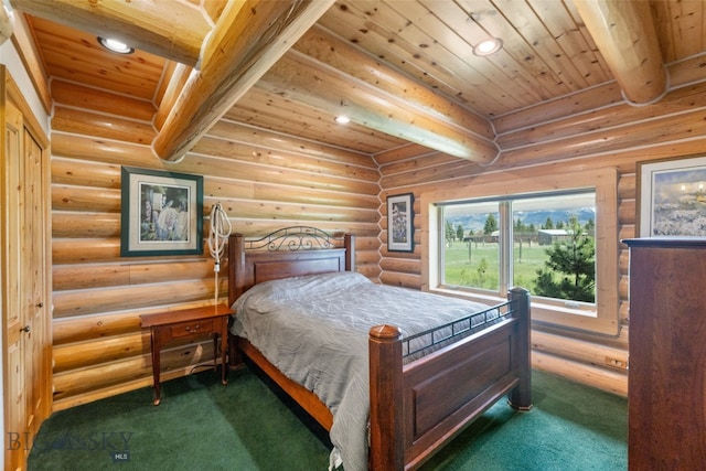 carpeted bedroom featuring beam ceiling, recessed lighting, and wooden ceiling