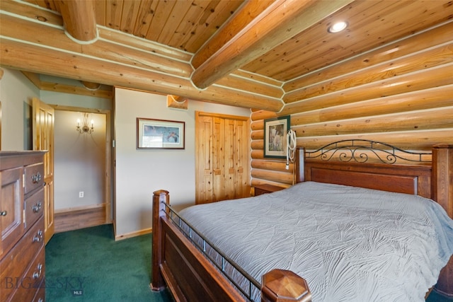 bedroom featuring recessed lighting, wooden ceiling, baseboards, rustic walls, and dark carpet