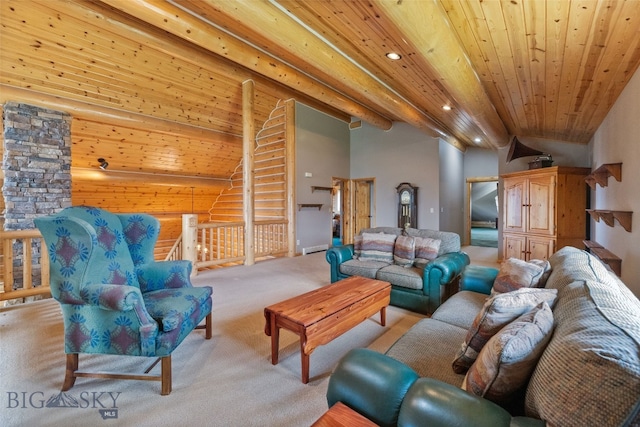 carpeted living area featuring a baseboard heating unit, wood ceiling, and recessed lighting