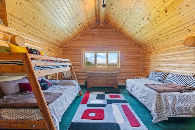 carpeted bedroom featuring wooden ceiling, lofted ceiling, and log walls