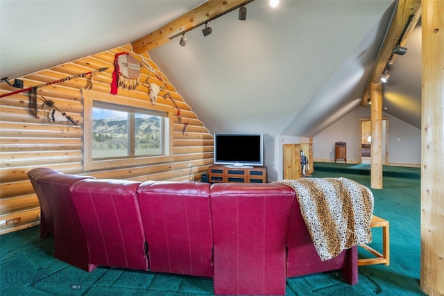 living area with lofted ceiling, carpet flooring, log walls, and track lighting