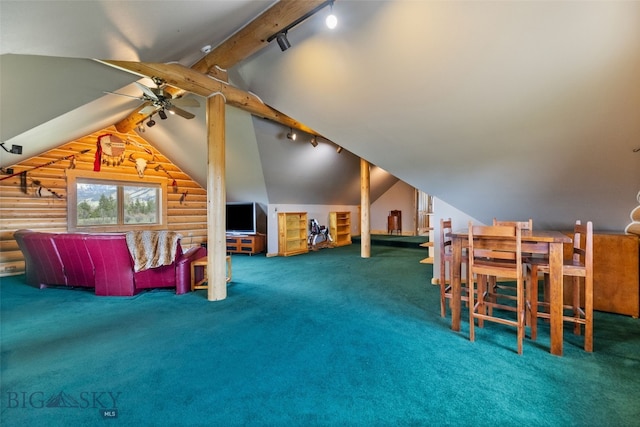 additional living space featuring carpet flooring, log walls, and vaulted ceiling with beams