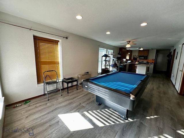 200 Missoula, Butte, MT 59701 - playroom with recessed lighting, baseboards, ceiling fan, wood finished floors, and billiards