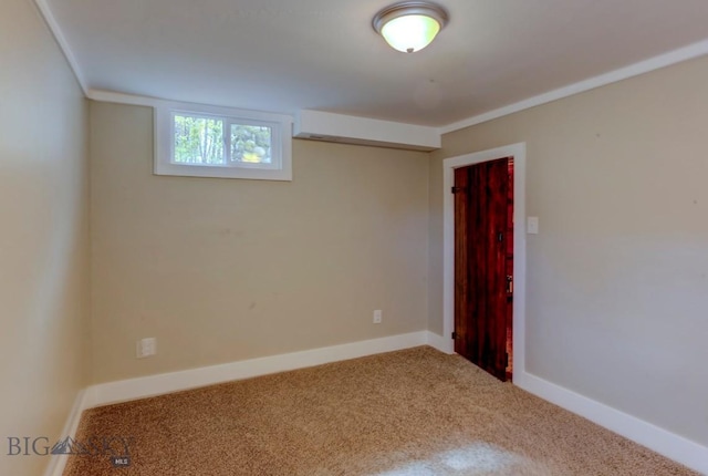 carpeted spare room featuring baseboards and ornamental molding