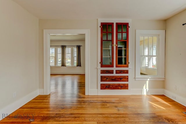 spare room featuring plenty of natural light, wood finished floors, and baseboards