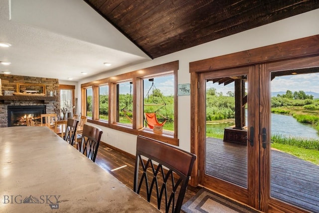 dining space featuring a fireplace, french doors, dark wood-style floors, and plenty of natural light