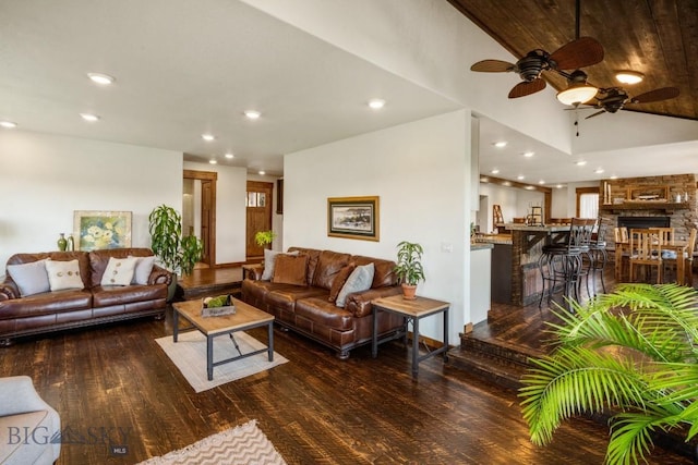 living area with recessed lighting, ceiling fan, and wood finished floors
