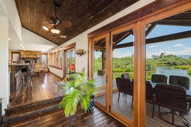 interior space featuring wooden ceiling, lofted ceiling, wood-type flooring, and recessed lighting