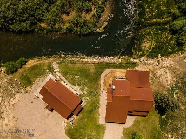 aerial view featuring a water view