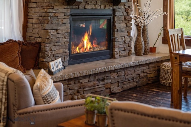 room details with a stone fireplace