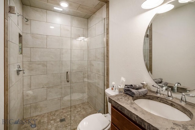 bathroom featuring a stall shower, vanity, and toilet
