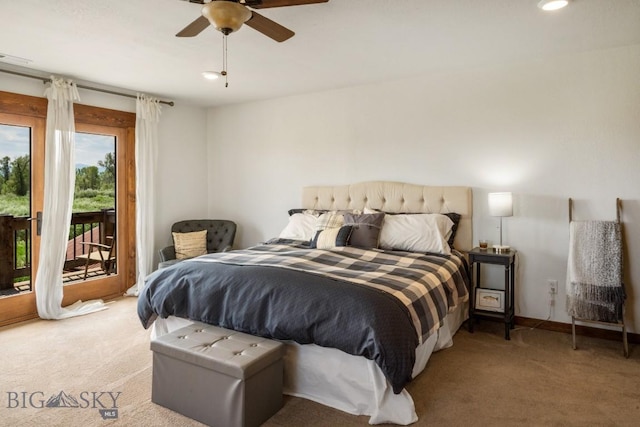 bedroom featuring light colored carpet, access to outside, and ceiling fan