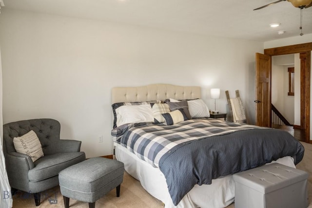 bedroom featuring recessed lighting, ceiling fan, and light colored carpet