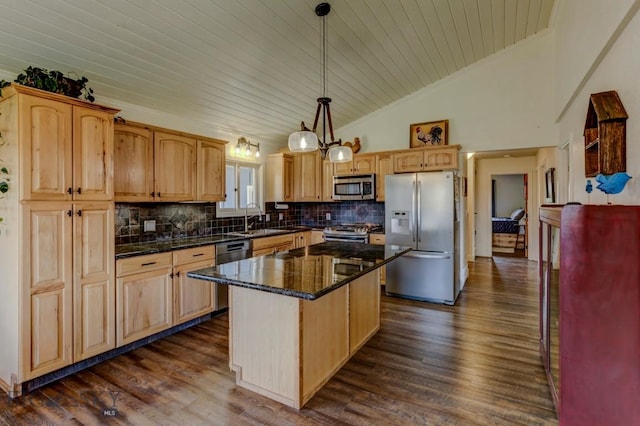 kitchen featuring wooden ceiling, a sink, decorative backsplash, vaulted ceiling, and appliances with stainless steel finishes