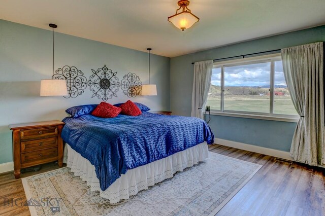 bedroom with baseboards and wood finished floors