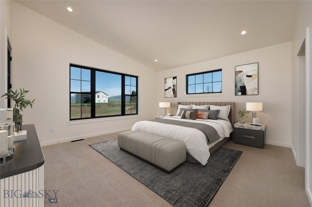 5680 Staffanson Rd, Bozeman, MT 59718 - bedroom featuring carpet flooring, vaulted ceiling, recessed lighting, and baseboards