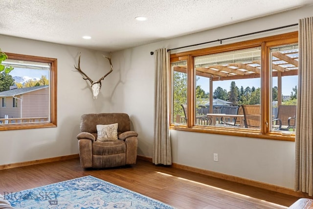 sitting room featuring a textured ceiling, wood finished floors, baseboards, and recessed lighting