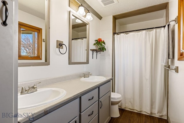 bathroom with toilet, visible vents, a sink, and double vanity