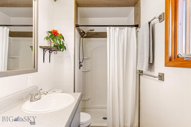 bathroom featuring vanity, toilet, and a shower stall