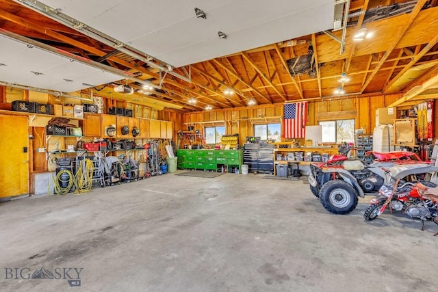 garage featuring a garage door opener and a workshop area