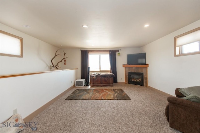 2 Dayspring Rd W, Sheridan, MT 59749 - living room with a tile fireplace, healthy amount of natural light, carpet flooring, and recessed lighting