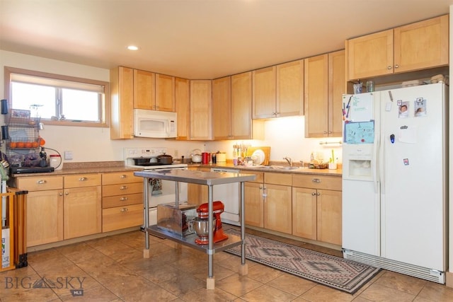 2 Dayspring Rd W, Sheridan, MT 59749 - kitchen with white appliances, light brown cabinetry, recessed lighting, a sink, and light tile patterned floors