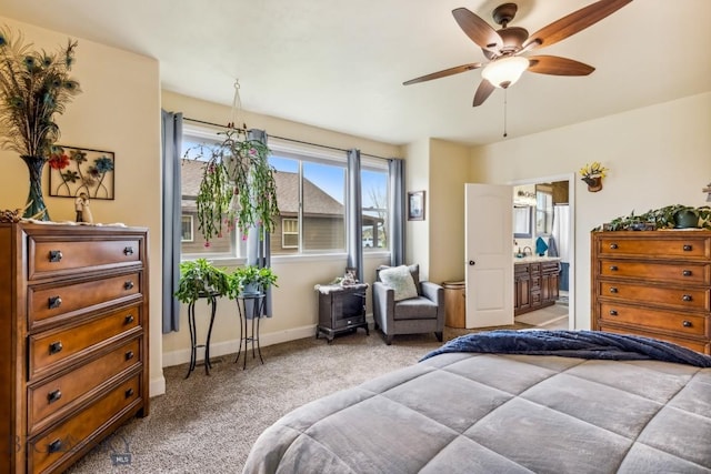 304 Farmall Ln, Manhattan, MT 59741 - bedroom featuring carpet flooring, baseboards, ensuite bath, and ceiling fan
