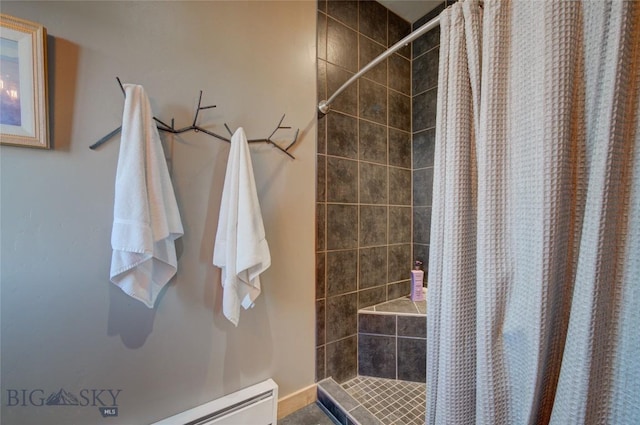 11762 Gooch Hill Rd, Gallatin Gateway, MT 59730 - bathroom with a tile shower and a baseboard heating unit