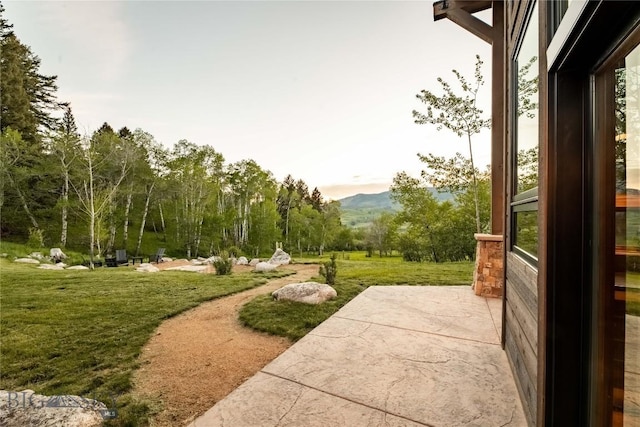 view of grassy yard with a mountain view and a patio area