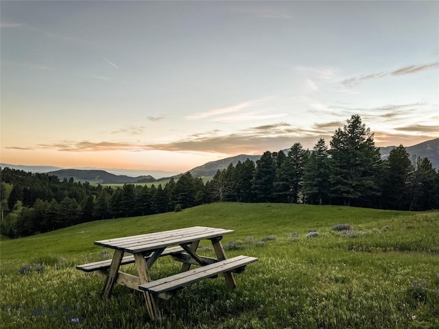 surrounding community featuring a mountain view, a view of trees, and a lawn