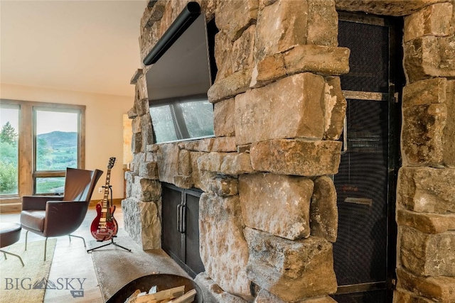 detailed view of a stone fireplace