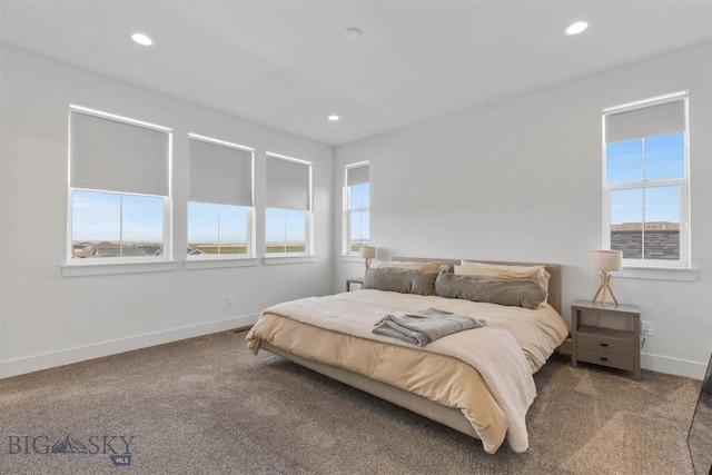 bedroom featuring multiple windows, baseboards, carpet, and recessed lighting