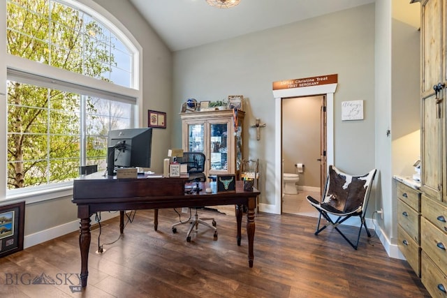 754 Milestone Dr, Belgrade, MT 59714 - office area with dark wood-style flooring, baseboards, and a high ceiling