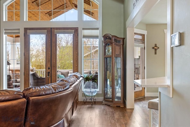 754 Milestone Dr, Belgrade, MT 59714 - doorway with healthy amount of natural light, hardwood / wood-style floors, french doors, lofted ceiling, and baseboards