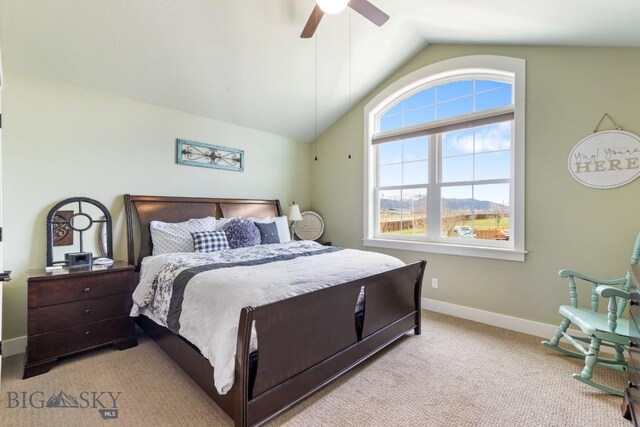 754 Milestone Dr, Belgrade, MT 59714 - bedroom featuring lofted ceiling, baseboards, carpet, and ceiling fan