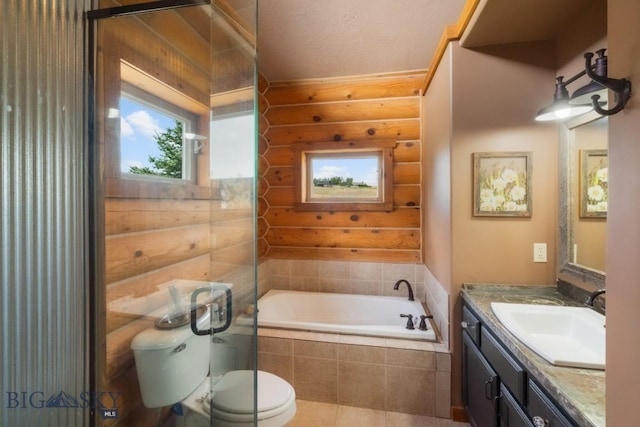 bathroom with rustic walls, toilet, a garden tub, and vanity