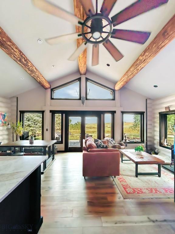living room with ceiling fan, wood finished floors, and recessed lighting