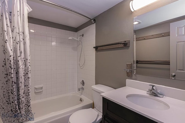 bathroom with shower / tub combo, toilet, and vanity