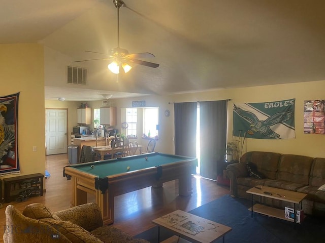 303 Treasure, Bozeman, MT 59718 - game room featuring pool table, lofted ceiling, a ceiling fan, and wood finished floors