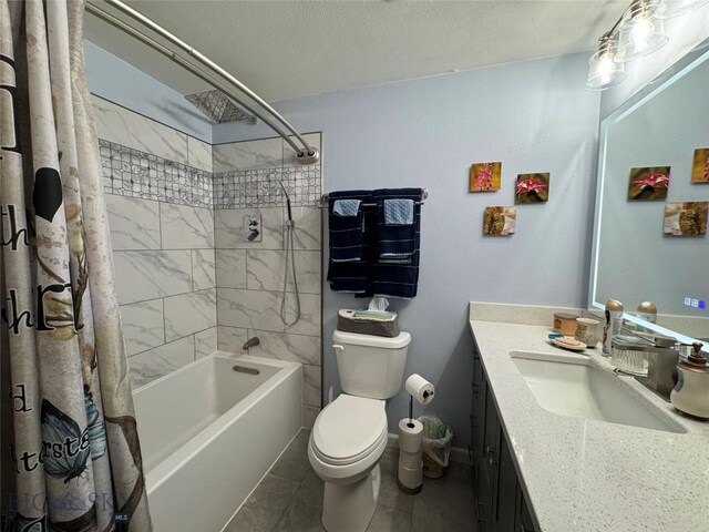 105 Country Club Ln, Butte, MT 59701 - full bathroom with toilet, shower / tub combo, vanity, a textured ceiling, and tile patterned floors