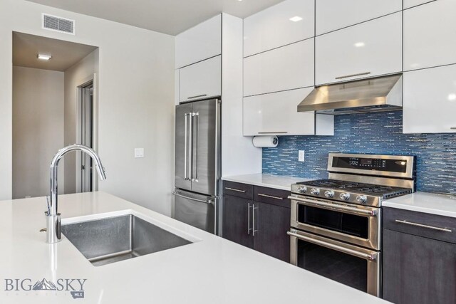 kitchen with appliances with stainless steel finishes, under cabinet range hood, a sink, and light countertops