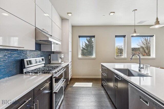 kitchen featuring stainless steel appliances, a sink, under cabinet range hood, light countertops, and dark wood-style floors