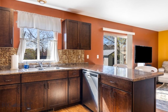 kitchen with dishwasher, a peninsula, a sink, open floor plan, and backsplash