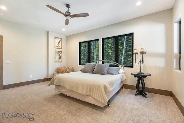 bedroom with carpet floors, recessed lighting, and baseboards
