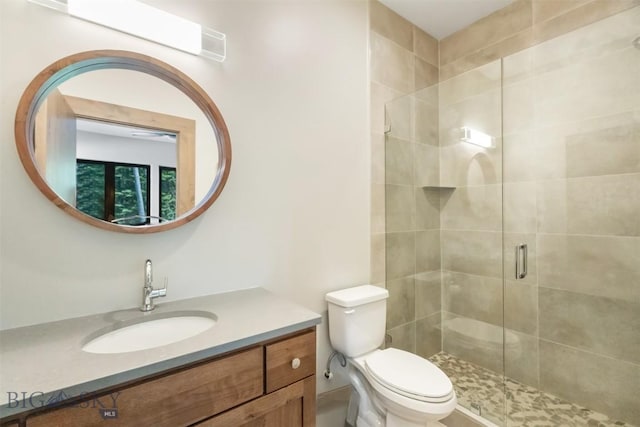 full bathroom with a shower stall, toilet, and vanity