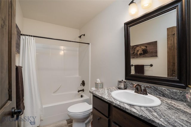 full bath featuring vanity, shower / bath combination with curtain, and toilet