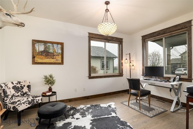 office space featuring light wood finished floors, plenty of natural light, and baseboards