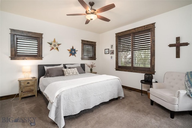 bedroom featuring carpet, baseboards, and ceiling fan