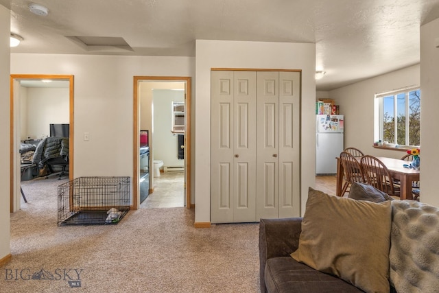 500/502 Idaho St, Belgrade, MT 59714 - carpeted living room with a baseboard radiator