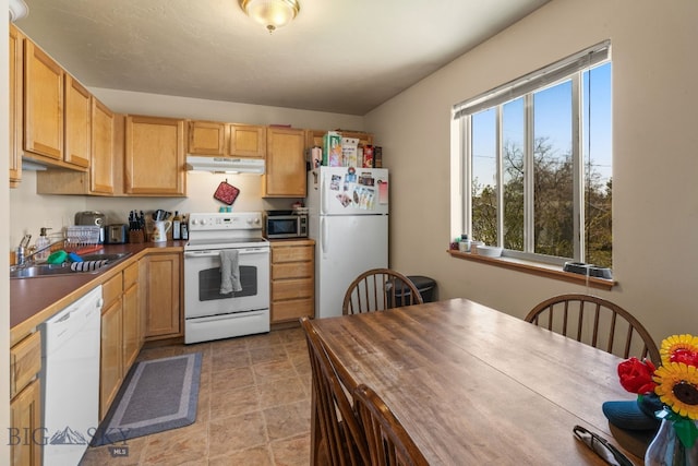500/502 Idaho St, Belgrade, MT 59714 - kitchen with white appliances, under cabinet range hood, a sink, and dark countertops
